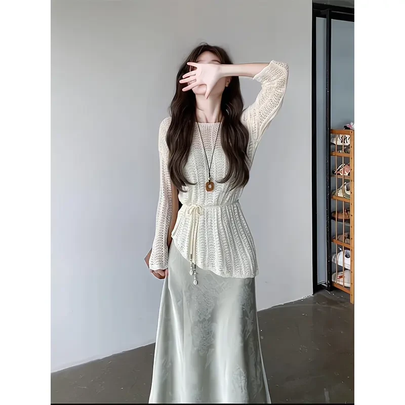 早秋季多巴胺服装女慵懒休闲宽松镂空针织衫上衣气质显瘦半身裙