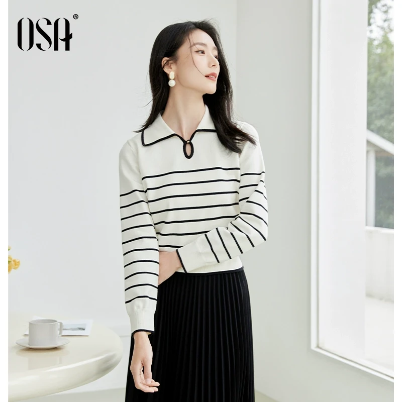 【OSA/欧莎】25年新款女装黑白条纹针织衫长袖上衣显瘦S125A16012