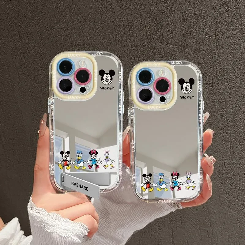 牵手米奇支架适用苹果15手机壳镜面奶油11pro镜面保护套卡通vivo