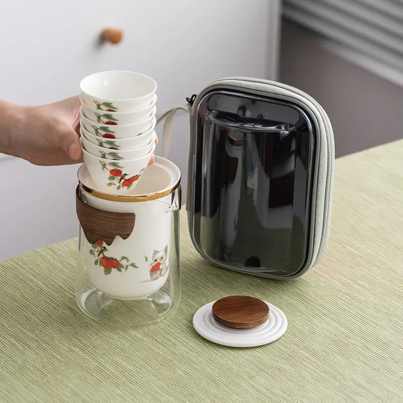 一鸣 新中式柿柿如意羊脂玉功夫旅行茶具户外套装商务礼品H257