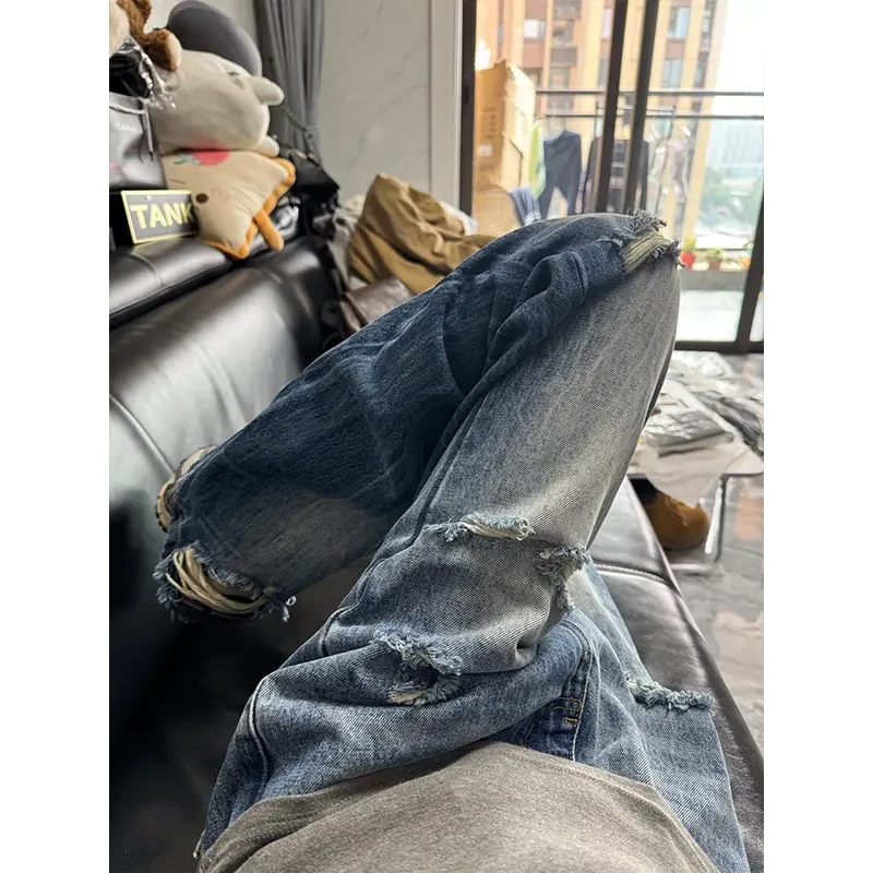 F2OCUS美式复古蓝闪电纹微喇牛仔裤男款破洞乞丐裤子宽松直筒长裤