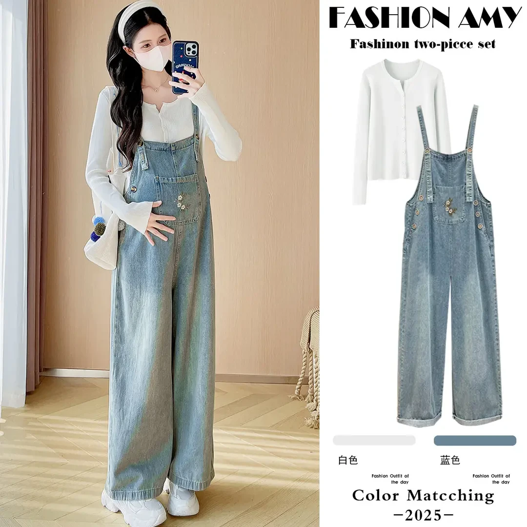 孕妇牛仔背带裤套装春秋新款时尚显瘦针织打底衫宽松牛仔阔腿裤子