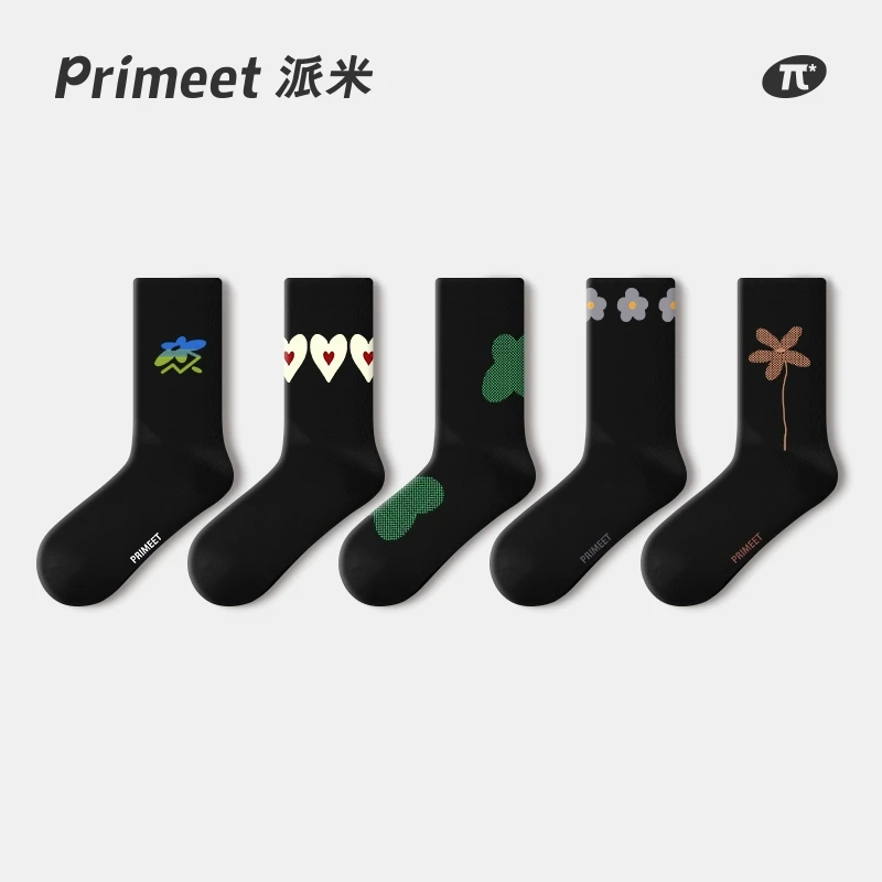 primeet/派米黑色袜子女款春秋新款爆款中筒袜可爱日系长袜