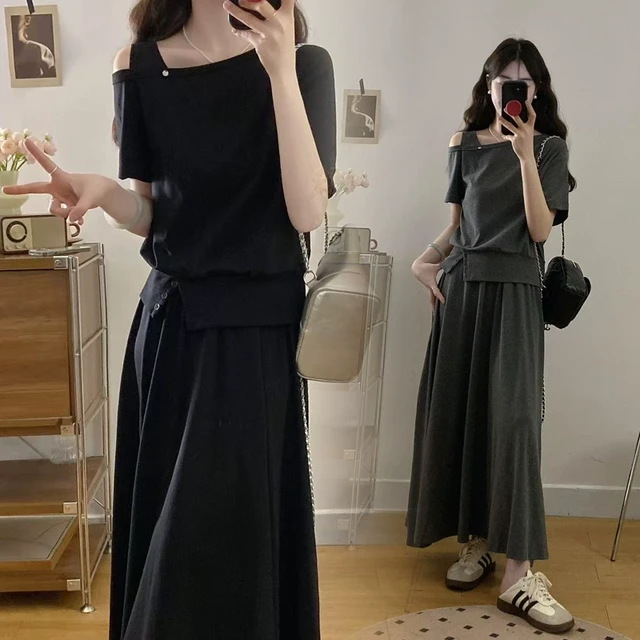 大码2025超火夏装一整套韩系时髦胖MM露肩上衣配半身裙显瘦两件套