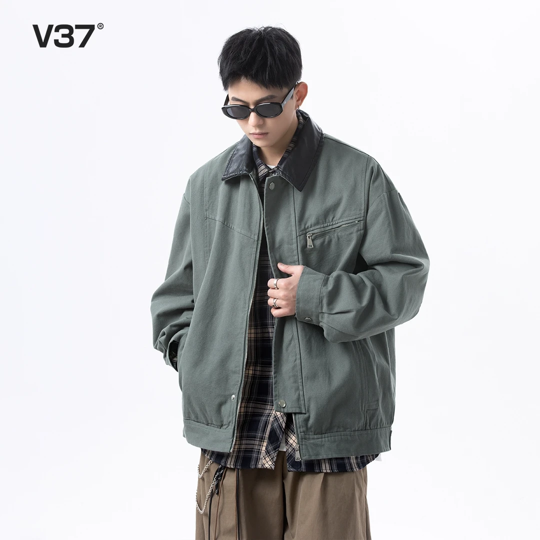V37美式底特律夹克男士2025春季新款青少年宽松休闲工装翻领外套