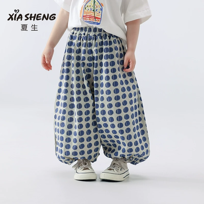 夏生 蓝色圆点防蚊裤 男女童宽松束脚弯刀裤全棉休闲裤子儿童夏装