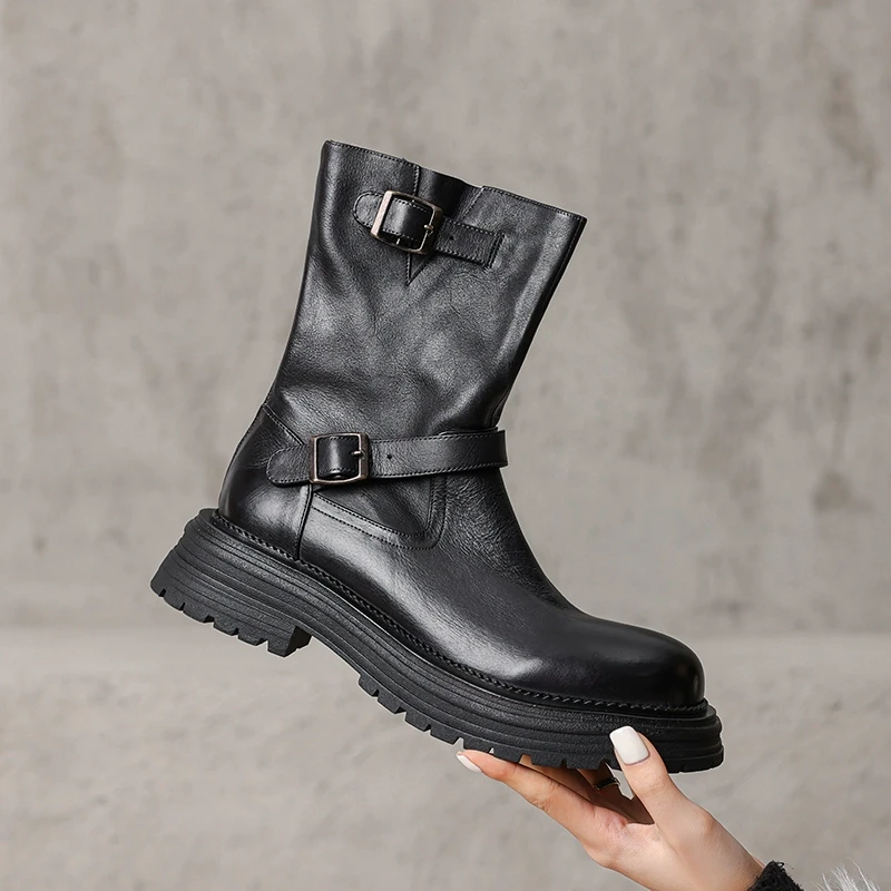 舒适时尚百搭厚底松糕中筒瘦瘦烟筒靴意大利水洗马皮大头靴马丁靴