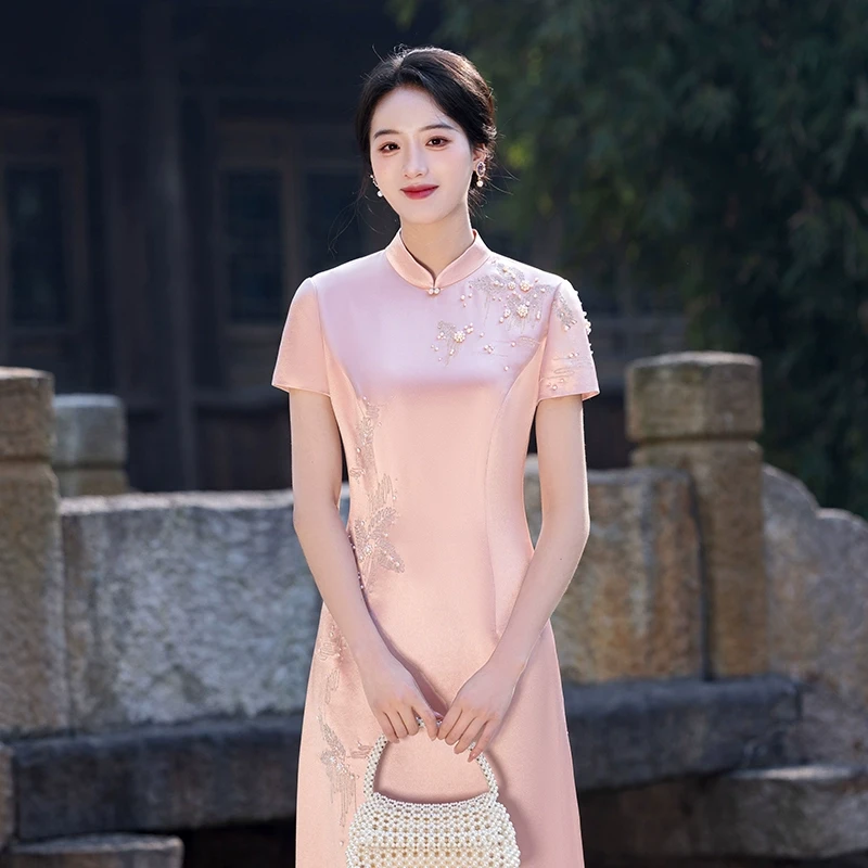 粉色婚宴旗袍裙夏季新款妈妈珍珠高贵气质优雅订婚宴会装日常醋酸