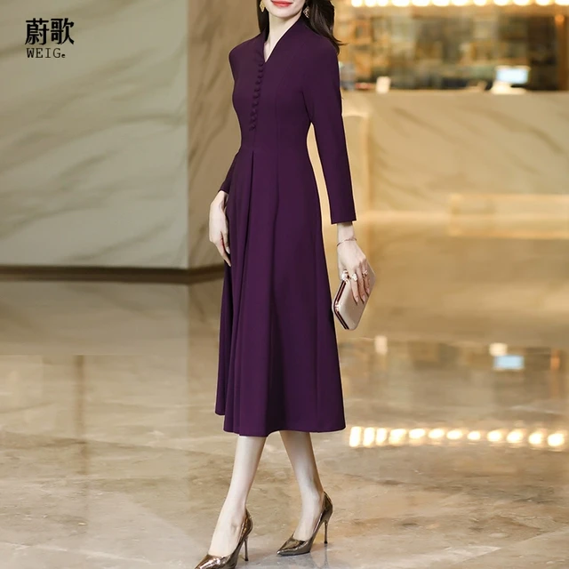 紫色连衣裙喜婆婆婚宴装2025春秋新款高级感气质收腰显瘦中长款裙