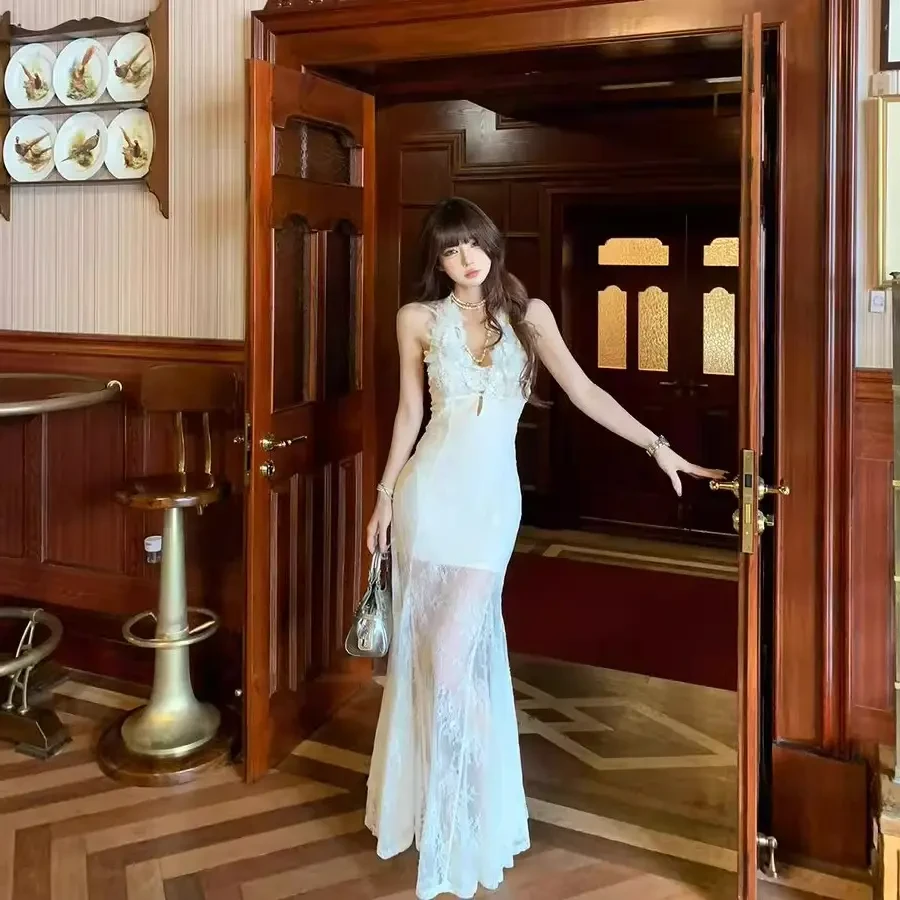 南理香娜之翼高级感法式蕾丝挂脖连衣裙女夏季收腰显瘦长裙