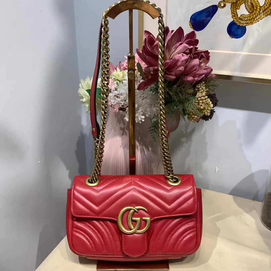 95新 GUCCI/古驰 红色双g marmont22链条斜挎包