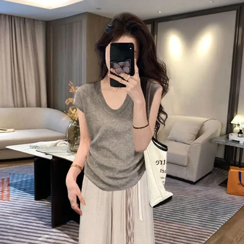 夏季新款显瘦薄款针织t恤女宽松版内搭外穿2025新款百搭体恤上衣