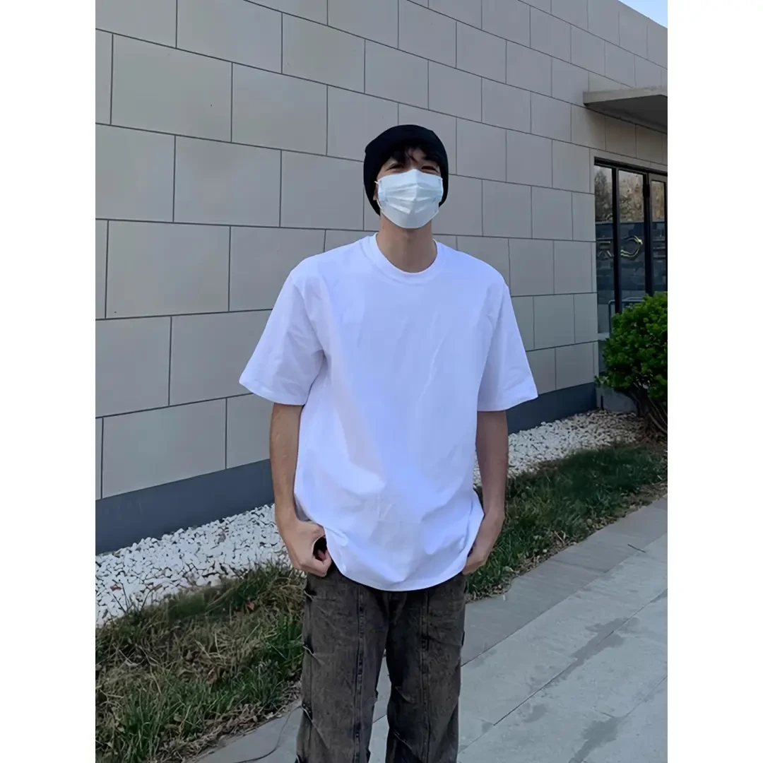 重磅正肩休闲短袖T恤男款夏季美式cleanfit潮牌小领口修身五分袖