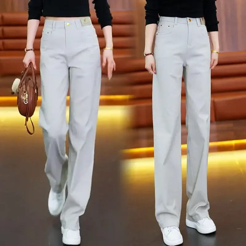 时尚牛仔阔腿裤女2025春秋新款高腰显瘦宽松洋气百搭窄版直筒长裤