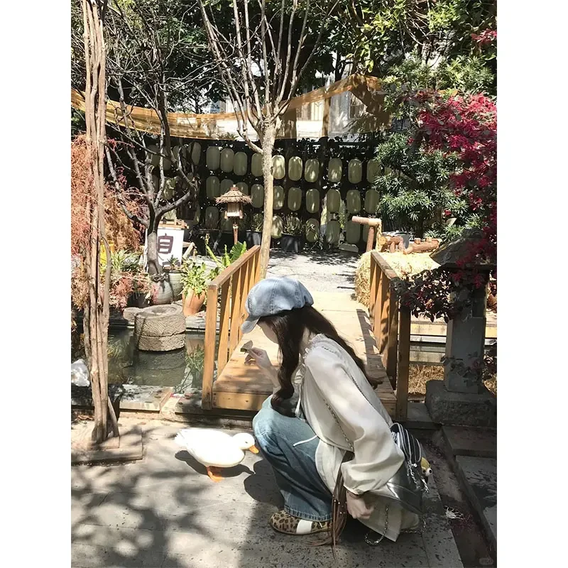2025韩系春季甜美风木耳边圆领长袖衬衫小众设计上衣休闲直筒长裤