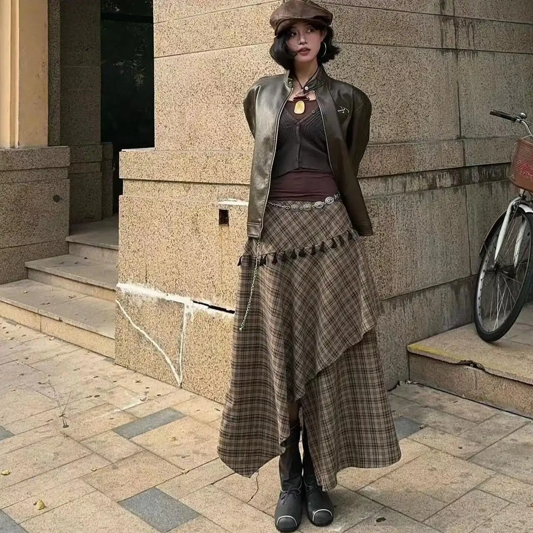 春季新款美式覆古不规则格纹韩系辣妹宽松显瘦慵懒风时尚长裙女