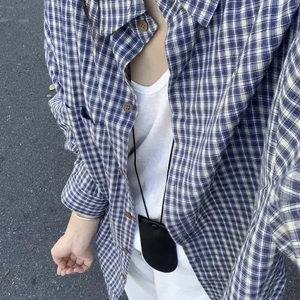 棉麻复古格子衬衫女