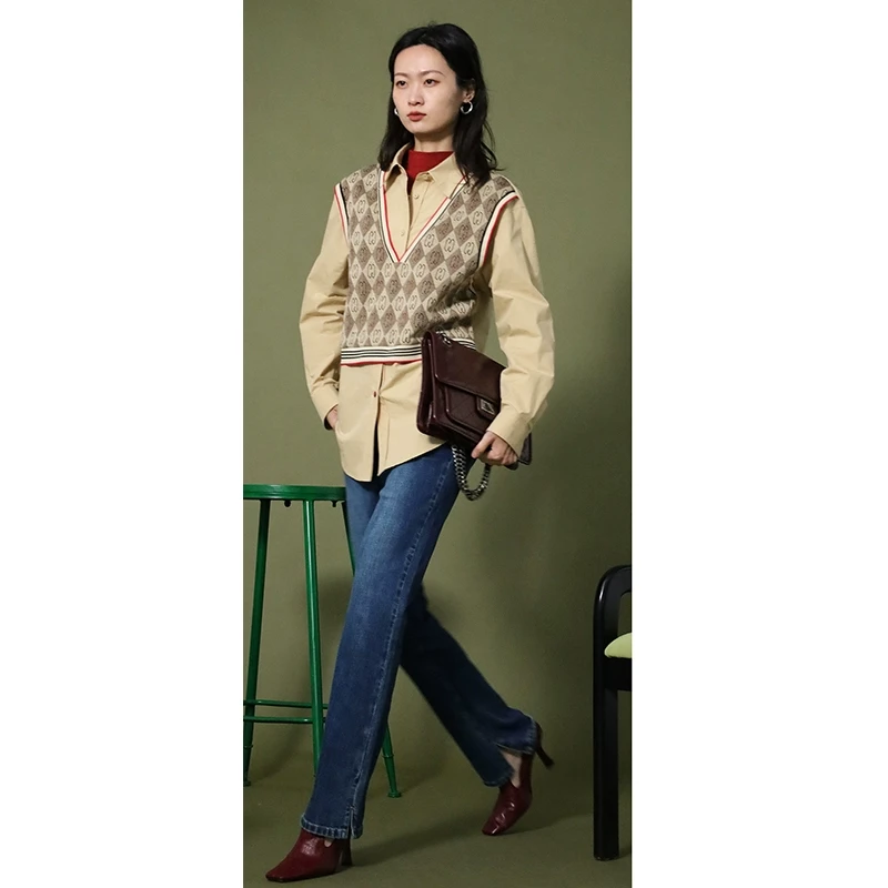 【艾尔】假两件学院风气质翻领上衣2025春季新款折扣女装