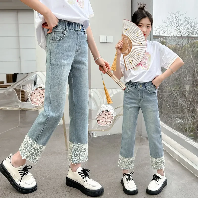 百搭女童复古风新款阔腿修身潮酷九分裤中腰设计喇叭款式牛仔长裤