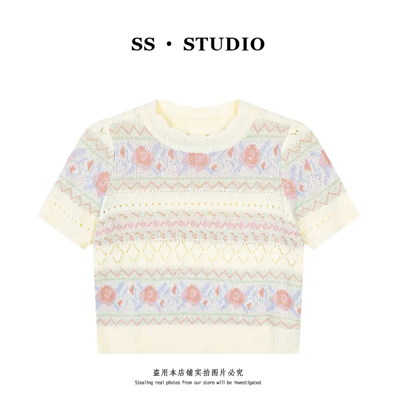 【SUSU】夏季甜美宽松显瘦镂空提花圆领短袖针织上衣SS-5210