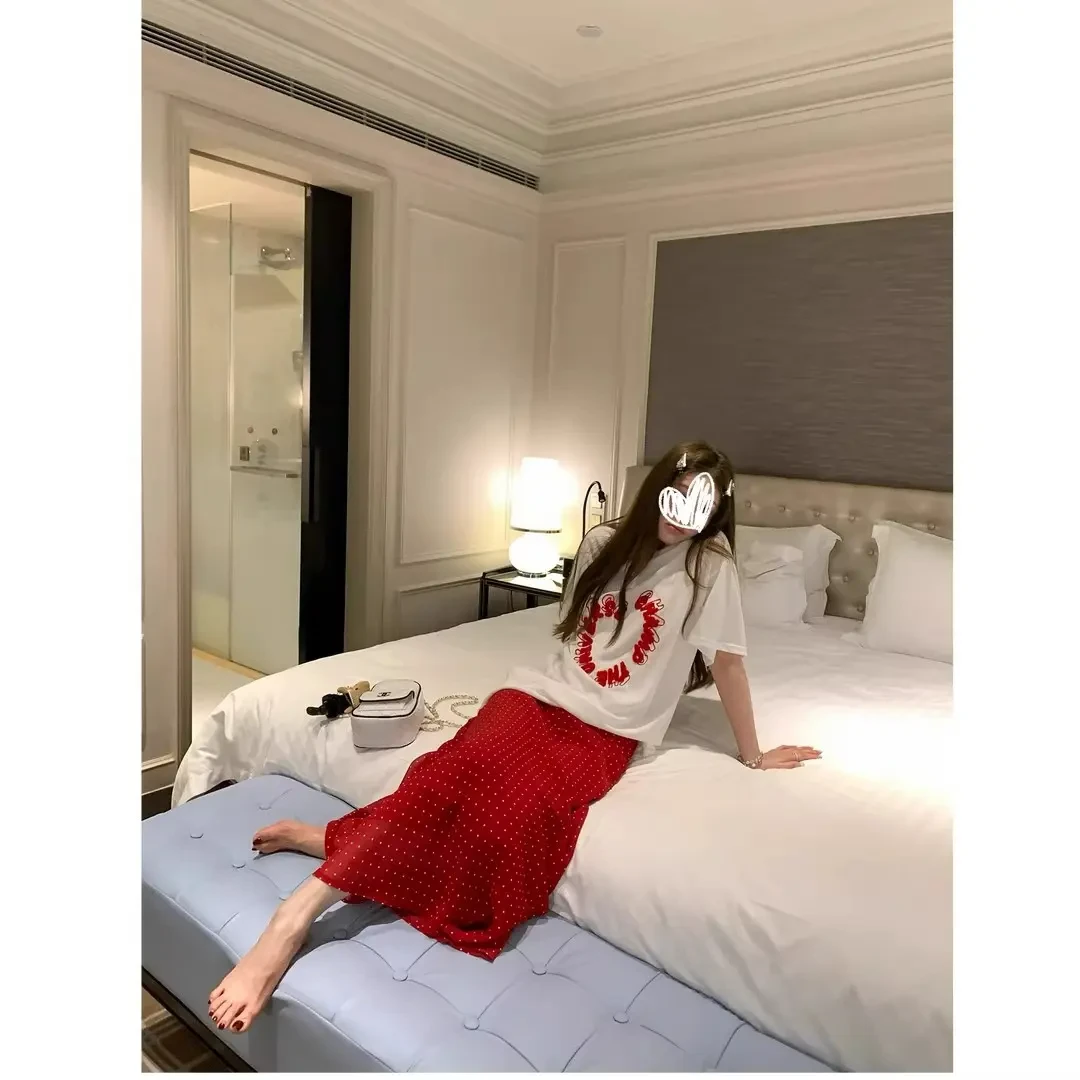 夏季个性印花圆领短袖宽松T恤女装韩系波点高腰中长款半身裙套装