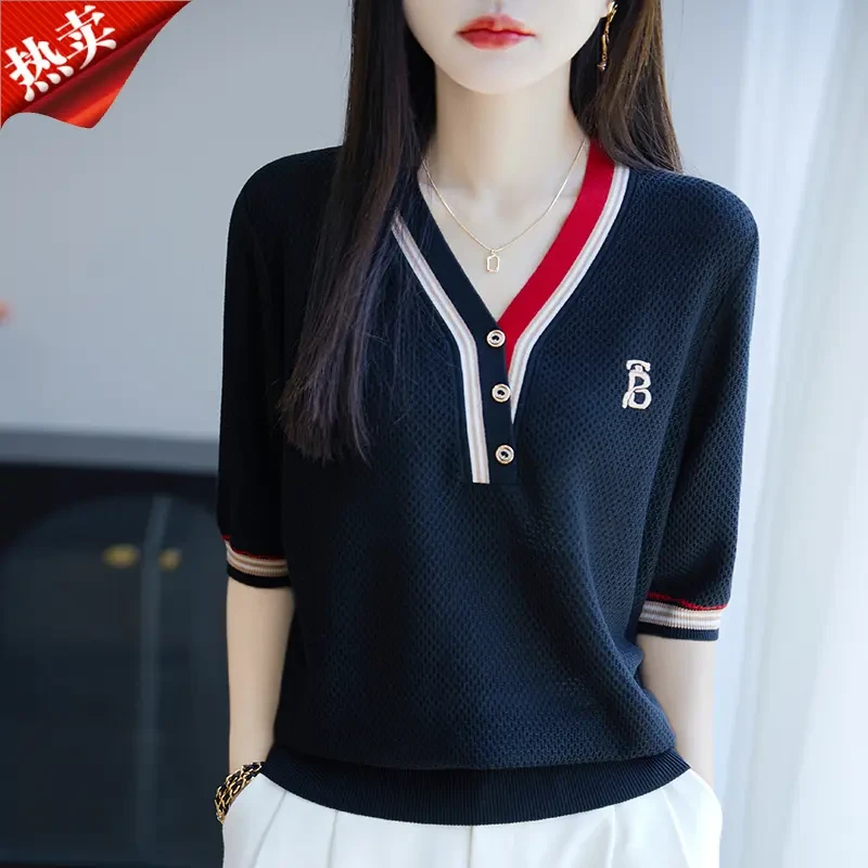 【朴苑严选】正品2025夏季新款时尚意式风女上衣短袖针织衫v领T恤薄