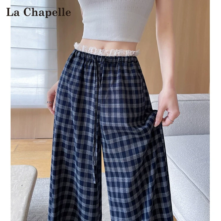 拉夏贝尔蕾丝花边格子裤女夏薄款2025新款高腰垂感遛弯冰丝阔腿裤