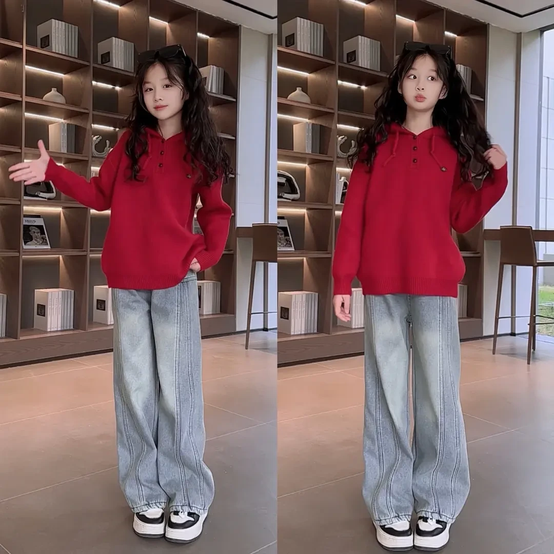 女童加绒裤子+连帽加厚毛衣两件套中大童洋气中大童8-15岁女套装9