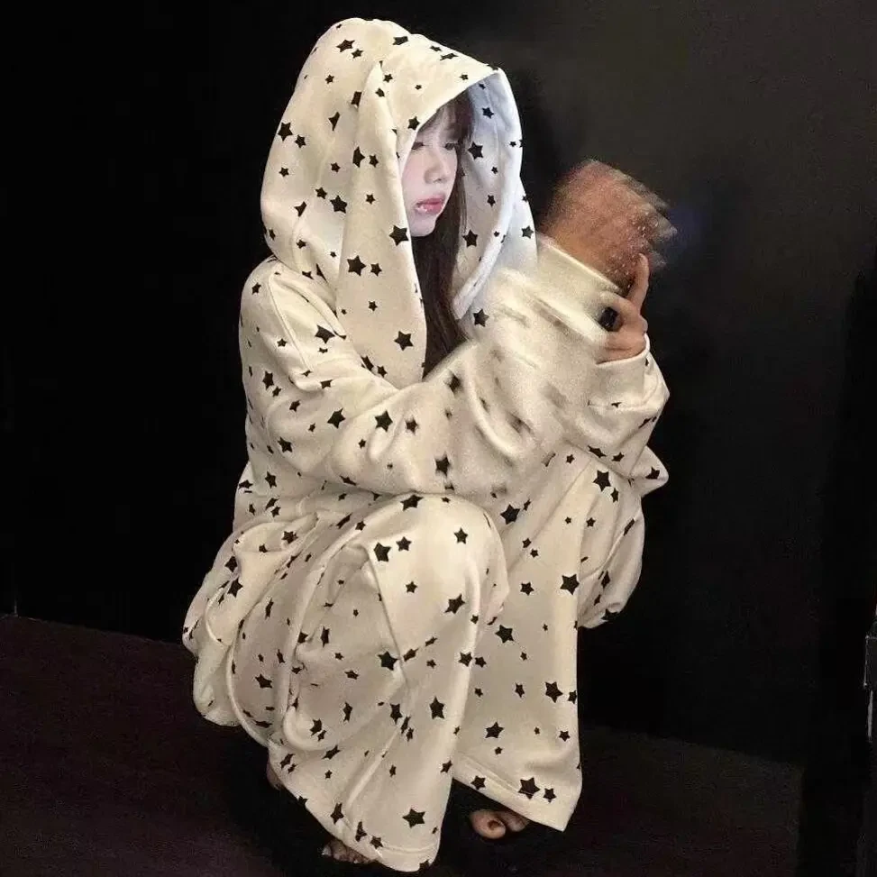 韩系可爱卡通兔耳朵连帽睡衣女德绒星星印花可外穿网红家居服套装