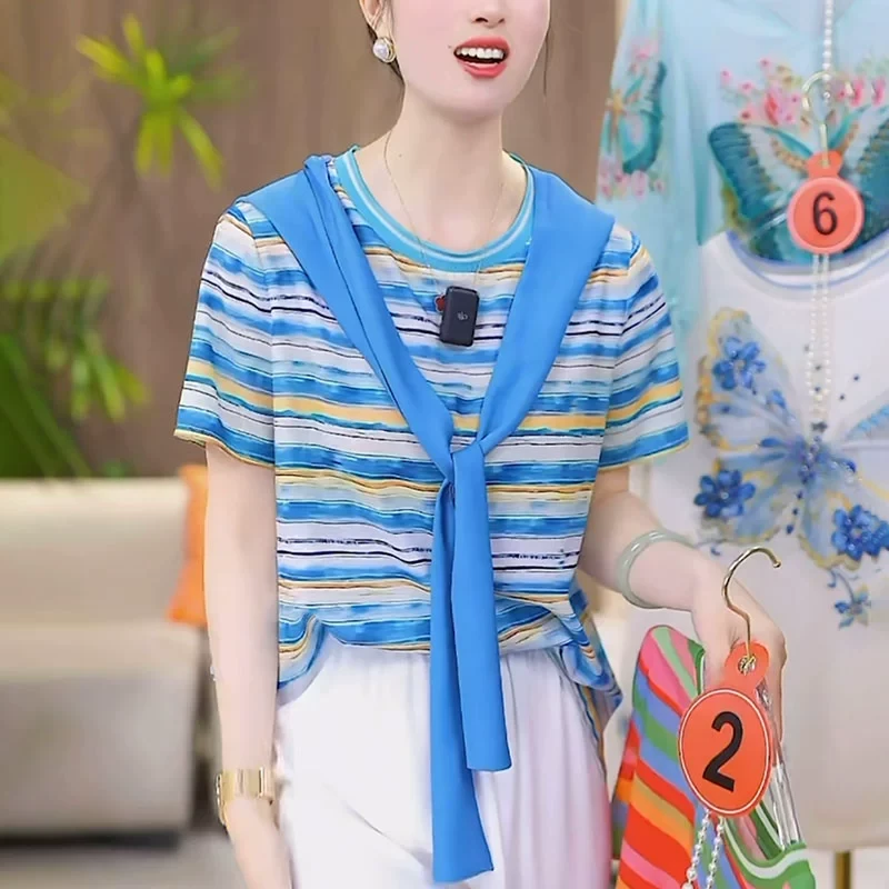 条纹连帽t恤女士夏季2025时尚减龄宽松型遮肉高级感显瘦披肩上衣