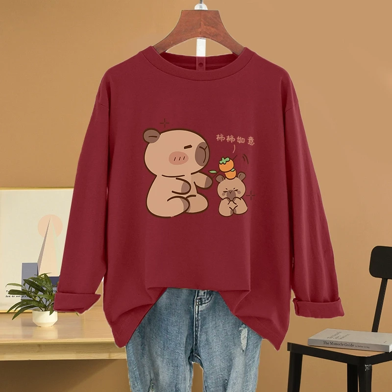 oversize宽松胖mm大码红色长袖圆领t恤女设计感小众显瘦百搭上衣