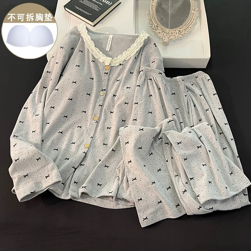德绒保暖睡衣女秋冬季灰色蝴蝶结甜美圆领开衫加厚舒适家居服套装