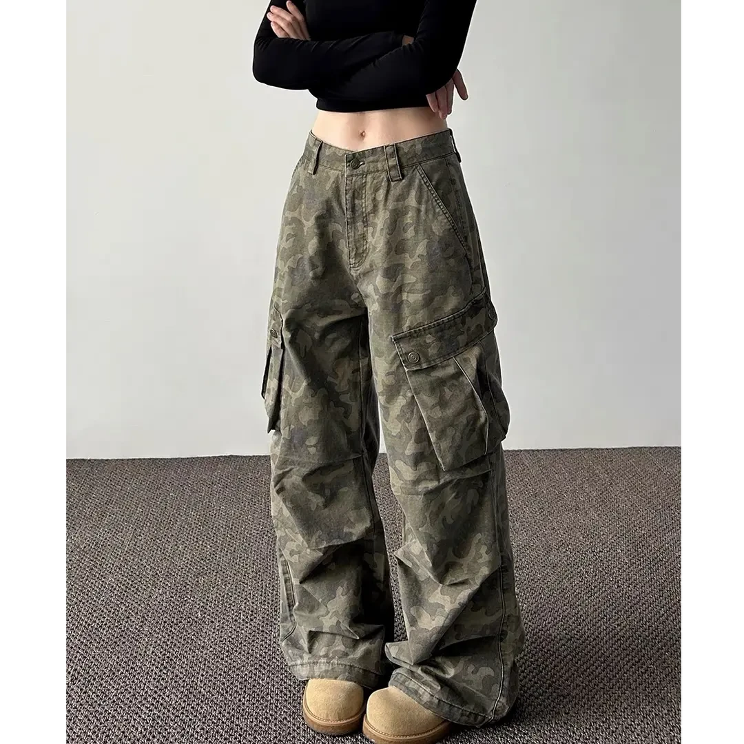 2025秋冬新款美式复古多口袋迷彩工装裤男女宽松直筒阔腿休闲长裤