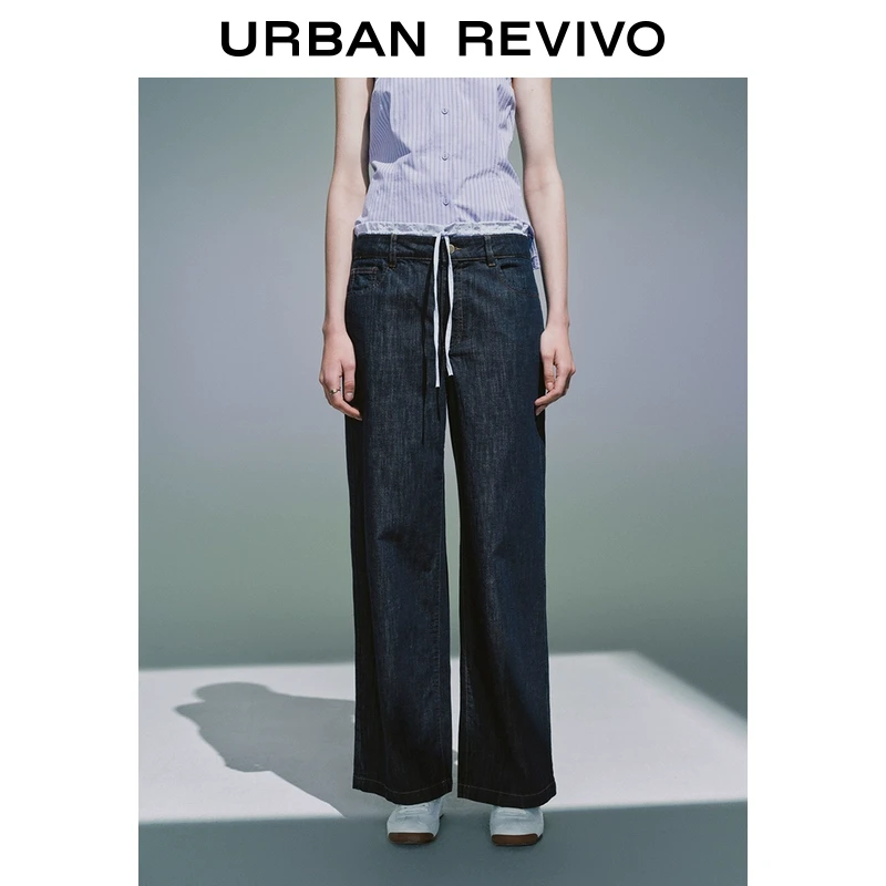 UR2025夏季新款女装拼接条纹抽绳复古牛仔长裤UYU850062