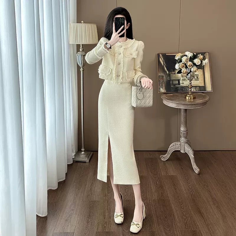 春季御姐开叉半身裙两件套女气质女神范高端富家千金小香风套装裙