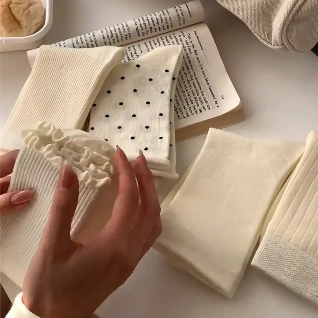 奶白色中筒袜春夏百搭纯色堆堆袜长袜韩版波点木耳边月子袜女