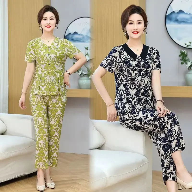 夏季时尚新款洋气休闲套装妈妈中老年妈妈短袖上衣百搭显瘦两件套