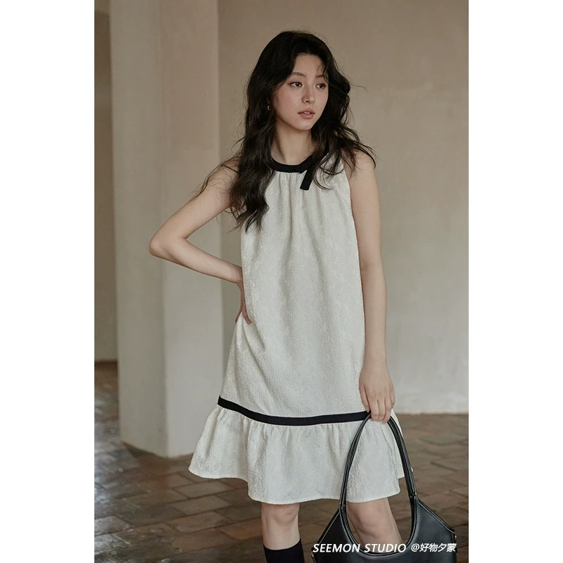 Seemon夏挂脖无袖法式气质显瘦小个子设计感小众连衣裙女Q17117