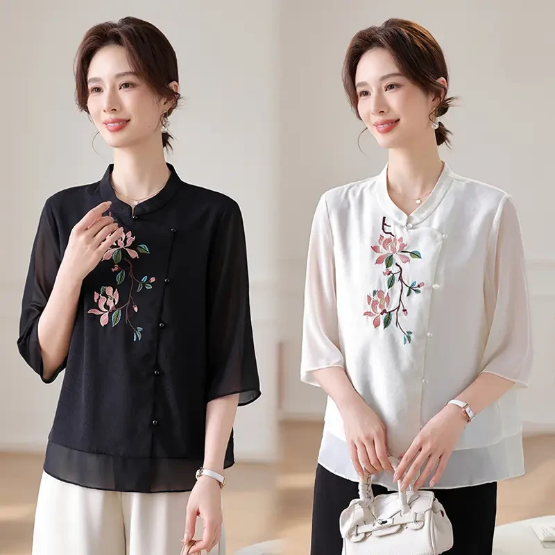 妈妈装新中式国风刺绣衬衫中老年女装春夏季七分袖t恤上衣