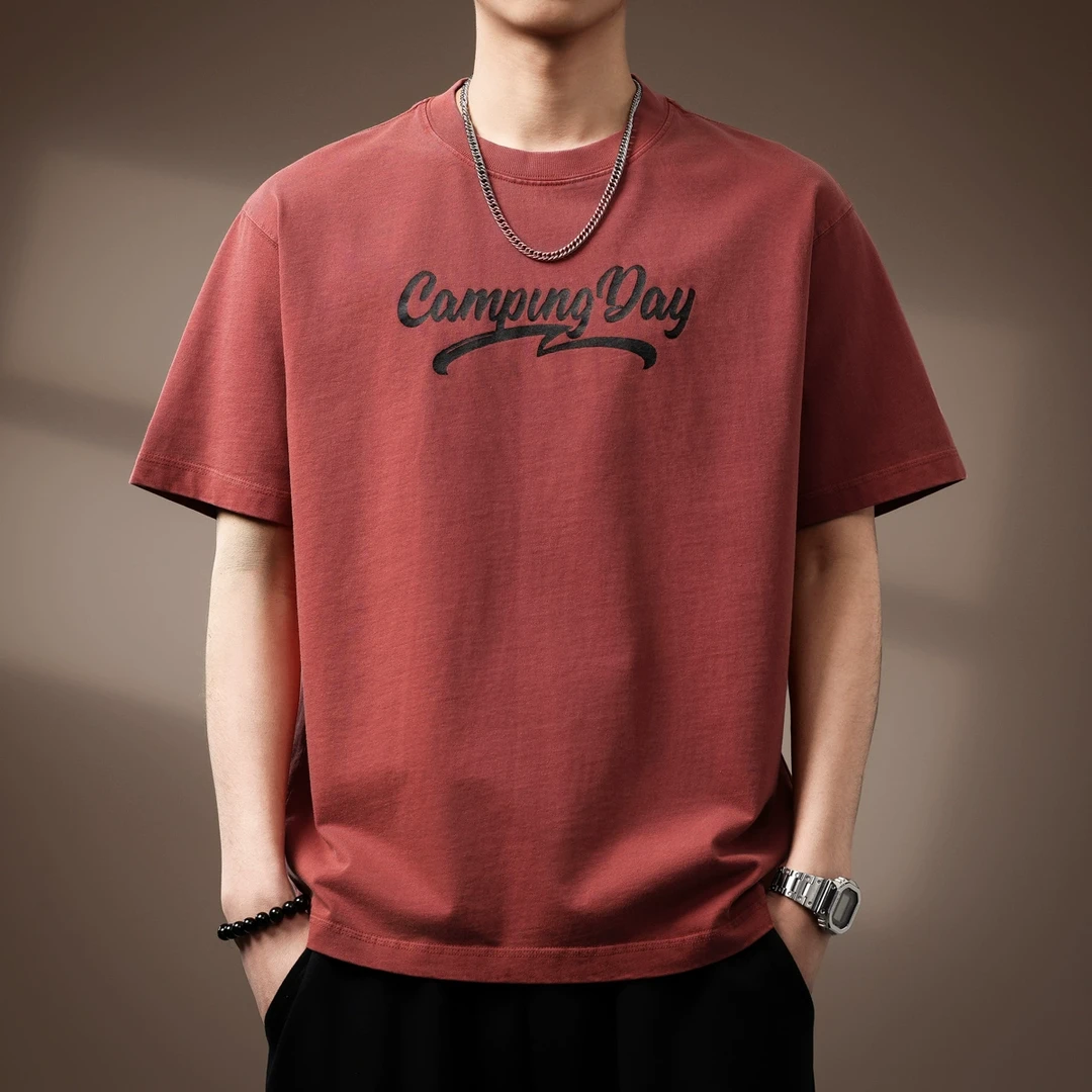 高端美式复古纯棉印花短袖T恤男夏季重磅红色圆领宽松半袖体恤男