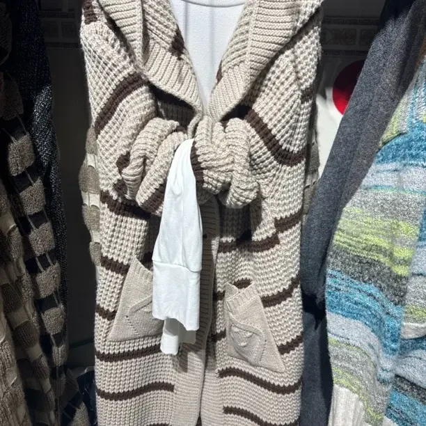 毛针织衫中长款毛呢针织连帽条纹针织衫时尚宽松气质