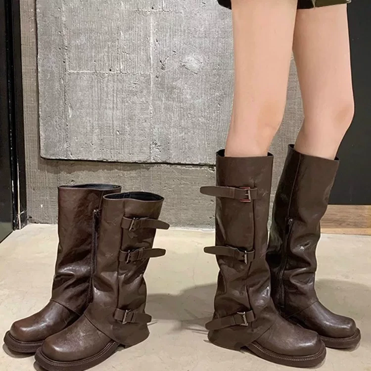 小众废土风褶皱显瘦堆堆靴2025秋季新款复古厚底皮带扣西部牛仔靴