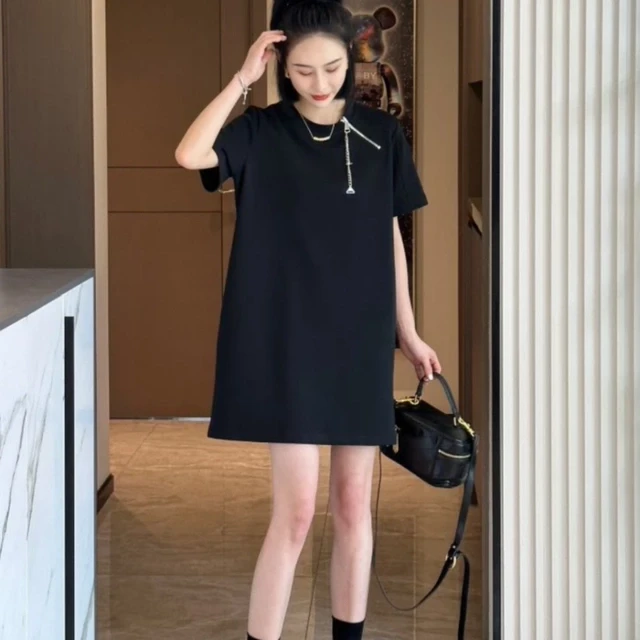 欧货2025夏新款黑色太空棉t恤连衣裙女小众设计感宽松中长款裙子