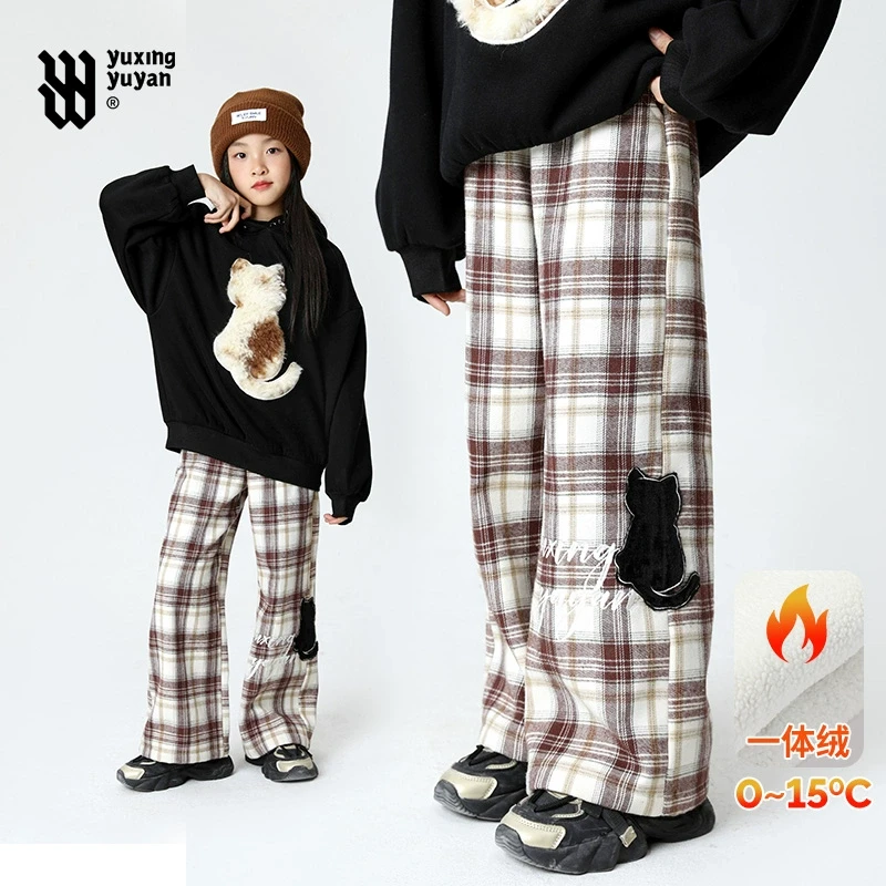 【新年招财猫系列】女童加绒裤子2025大童秋冬款儿童长裤格子加厚