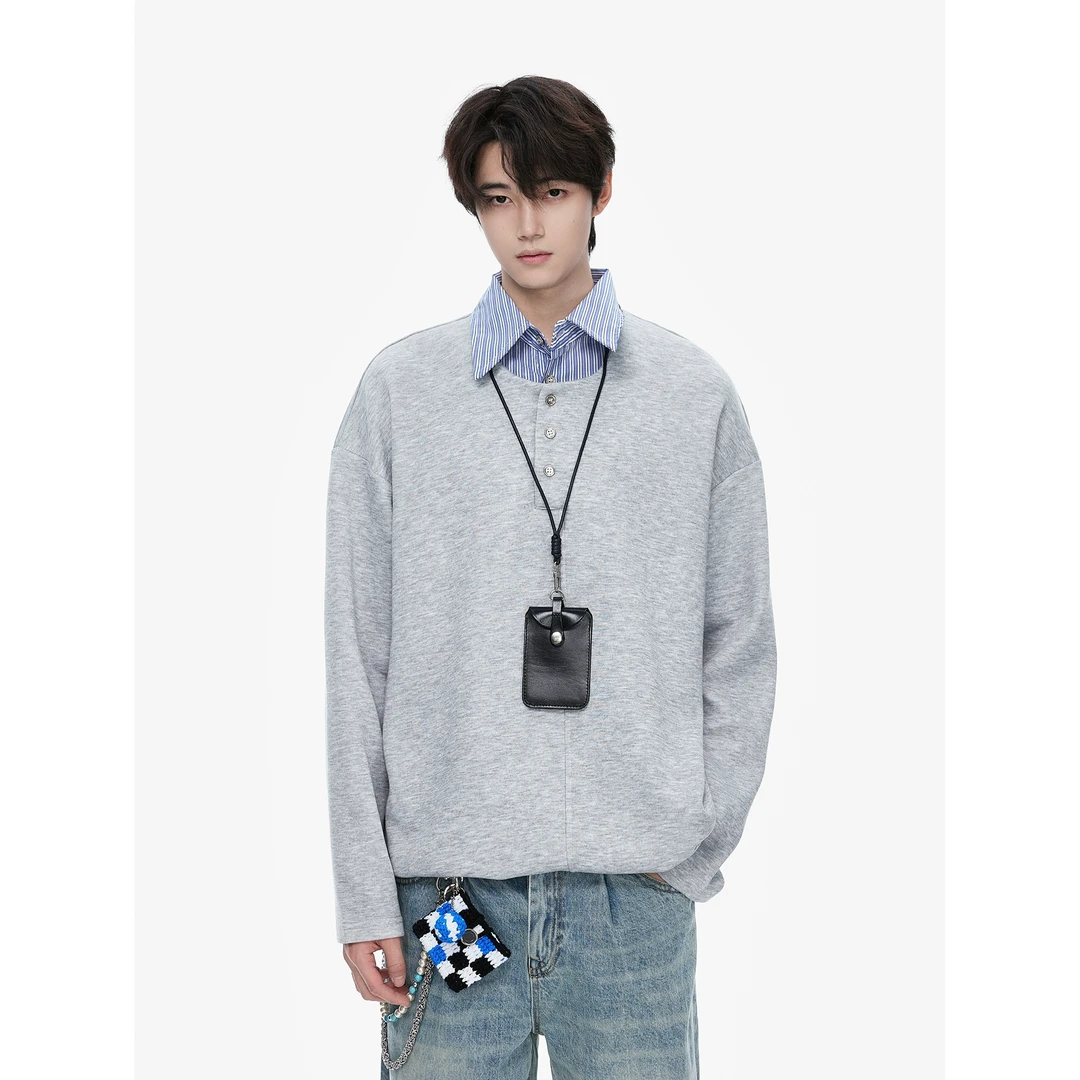 假两件亨利领卫衣男2025春季新款高级感重磅潮牌宽松休闲翻领外套