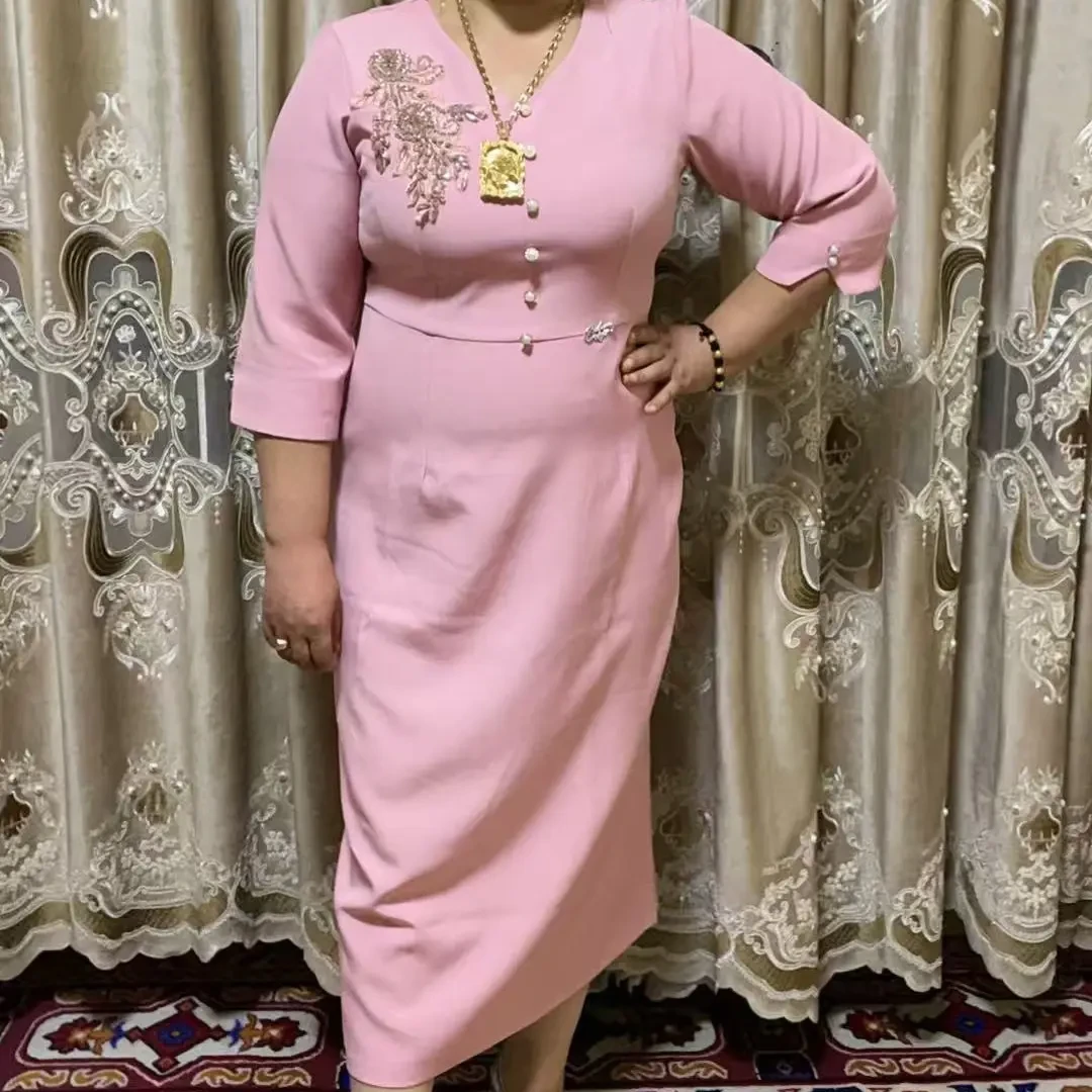 圆领套装礼服传统中长裙夏季V领鱼尾裙女装高腰