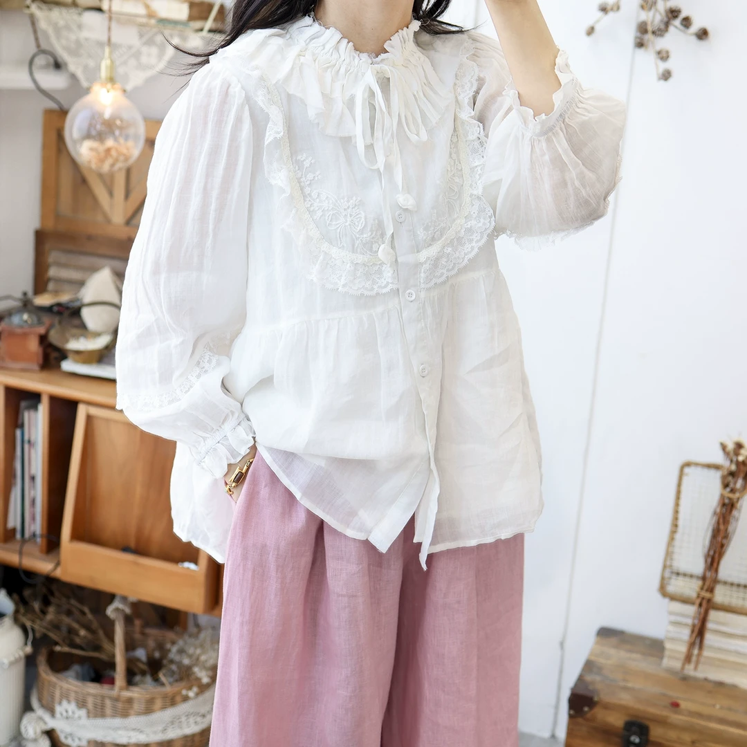 美村2025日系高端荷叶边灯笼袖白色衬衣上衣森系宽松文艺