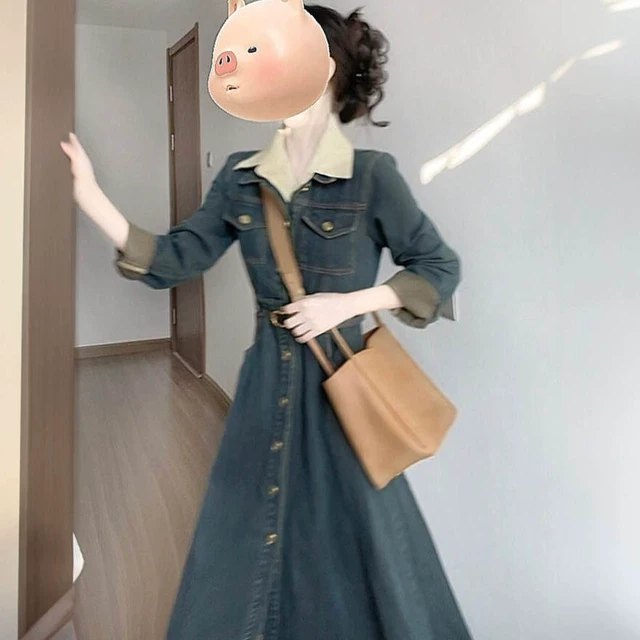 法式复古学院风假两件牛仔连衣裙女2025春季新款时尚收腰A字长裙