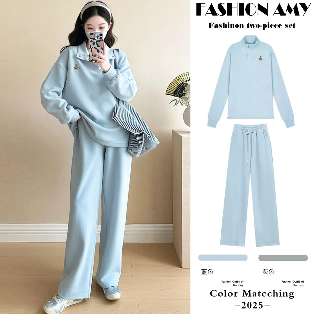 孕妇套装春秋新款时尚韩版宽松简约翻领卫衣上衣休闲阔腿运动裤子