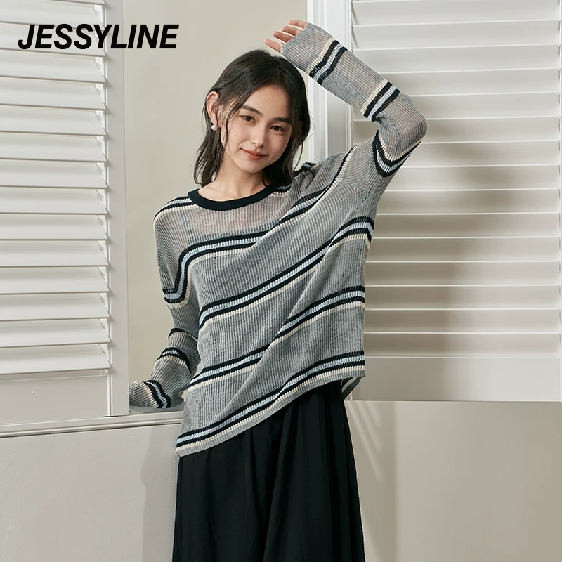 杰茜莱宽松慵懒风条纹显瘦针织衫女2024秋新款薄款毛衣 jessyline